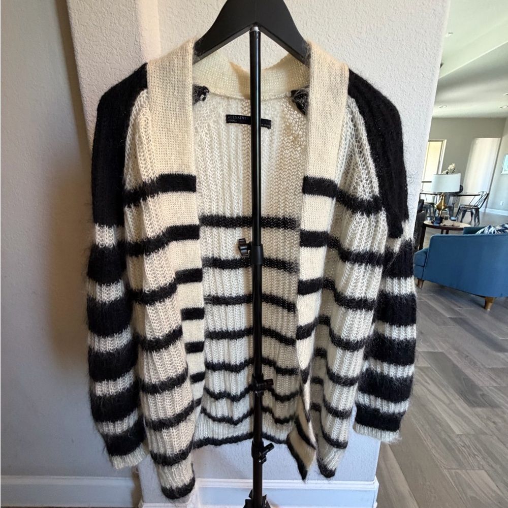 AllSaints Cream and Black Breton Stripe Breton Mohair Cardigan S